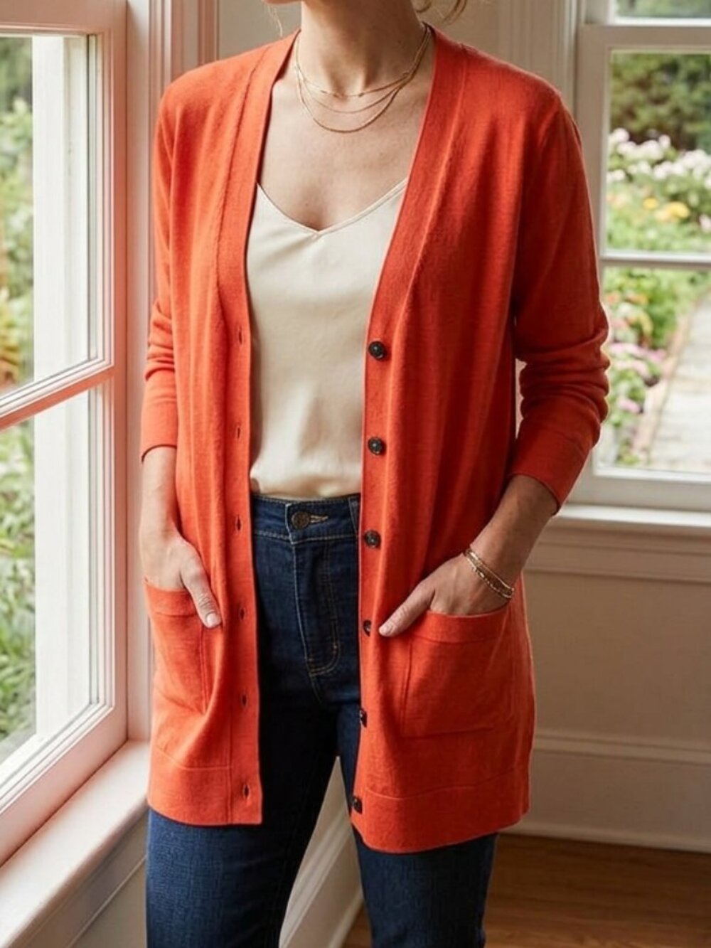 Pendleton Burnt Orange/Teracotta Longline Silk Cotton Stretch Button Cardigan